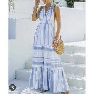 Luxxel Women Maxi Dress With Blue Stripes Size S Open Back